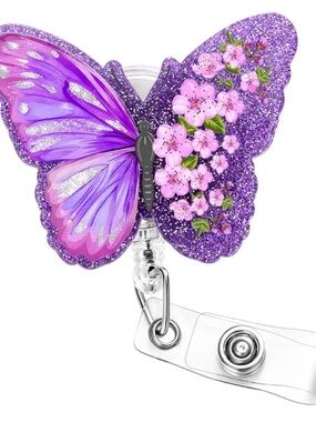 Soleebee Purple Butterfly Nurse Badge Reel, Cute Bling Retractable Badge Holder,